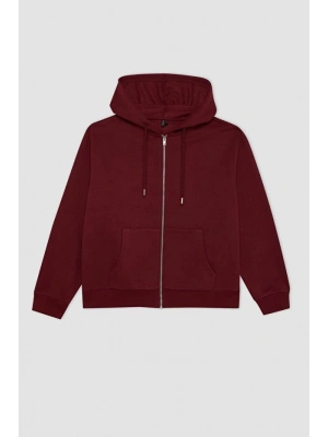 Relax Fit Kapüşonlu Cepli Basic Düz Fermuarlı Sweatshirt