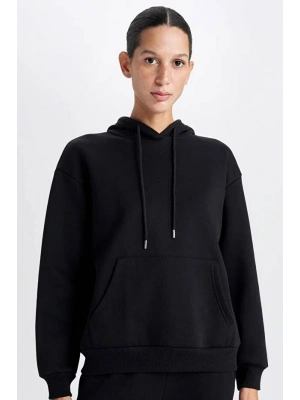 Relax Fit Kapüşonlu Kanguru Cepli Kalın Basic Düz Siyah Sweatshirt