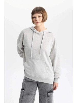 Relax Fit Kapüşonlu Kanguru Cepli Kalın Basic Düz Sweatshirt