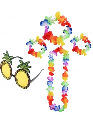 Renkli Ananas Gözlük, Taç, Kolye ve Bileklik Seti