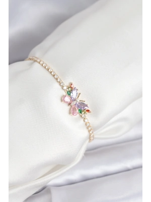 Renkli Kelebek Model Zirkon Taşlı Asansörlü Su Yolu Kadın Bileklik