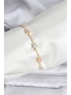 Renkli Yıldız Model Zirkon Taşlı Gold Renk Pirinç Su Yolu Kadın Bileklik