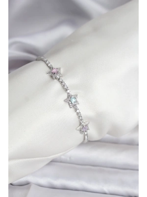 Renkli Yıldız Model Zirkon Taşlı Gümüş Renk Pirinç Su Yolu Kadın Bileklik