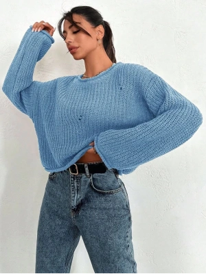 Salaş delik detaylı kazak mavi