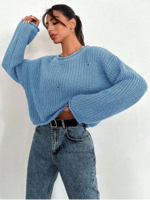 Salaş delik detaylı kazak mavi