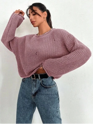 Salaş delik detaylı kazak pembe