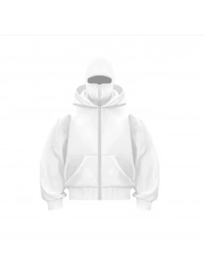 Samuray Ninja Çift Kapşonlu ZIP Fermuarlı Kanguru Çepli Tam Fermuarlı Hoodie Swetshirt - Beyaz