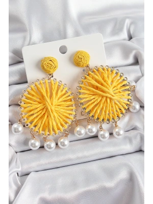 Sarı Hasır Örgü Sarmal Model Sallantılı İnci Detaylı Gold Renk Kadın Küpe