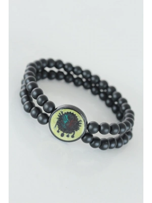 Sarı Renkli Metal Üzerine Osmanlı Arma Figürlü Siyah Renk Çift Sıra Doğal Taş Erkek Bileklik