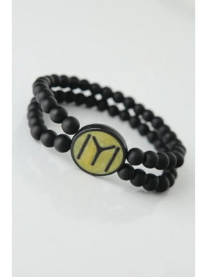 Sarı Renkli Metal Üzerine Siyah Kayı Boyu Figürlü Siyah Renk Çift Sıra Doğal Taş Erkek Bileklik