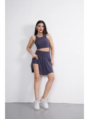 Sendy Kumaş Bisiklet Yaka Crop Şortlu Etek ikili Takım - Antrasit