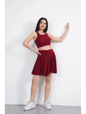 Sendy Kumaş Bisiklet Yaka Crop Şortlu Etek ikili Takım - Bordo