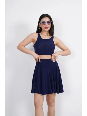 Sendy Kumaş Bisiklet Yaka Crop Şortlu Etek ikili Takım - Lacivert