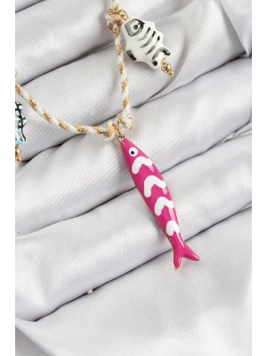 Seramik Motifli Pembe Balık Figürlü Model Krem İp Kadın Kolye