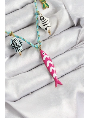 Seramik Motifli Pembe Balık Figürlü Model Mavi İp Kadın Kolye