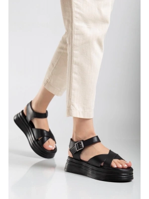 Sibna Siyah Cilt Kemerli Sandalet