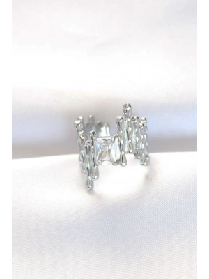 Silver Renk Tırtıklı Kalın Baget Taş Tasarım Ayarlanabilir Yüzük