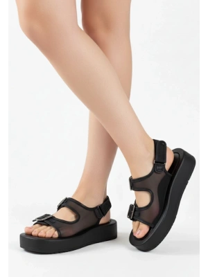 Sinna Siyah Cilt Tül Detaylı Sandalet