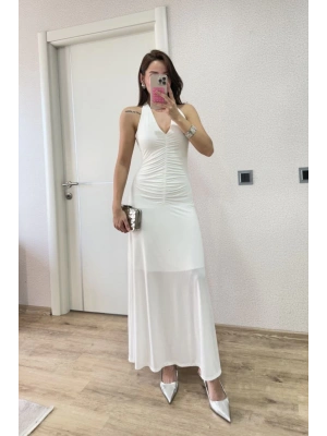 Sırt dekolteli Uzun Elbise - Beyaz