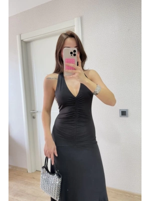 Sırt dekolteli Uzun Elbise - Siyah