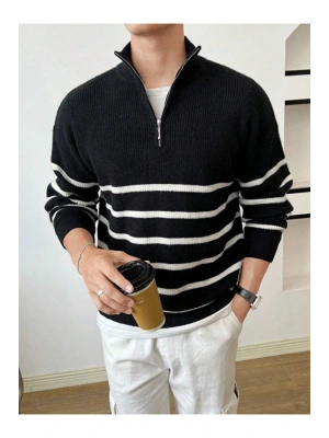 Siyah-Beyaz Erkek Regular Fermuarlı Balıkçı Triko Kazak