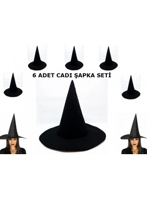 Siyah Cadı Şapkası Keçe Yetişkin Boy 6 Adet