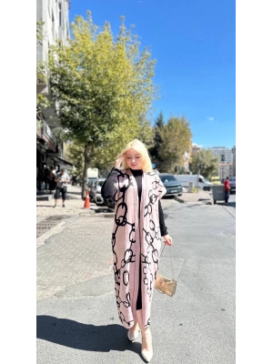 Siyah çizgi desenli elbiseli hırka takım pudra siyah