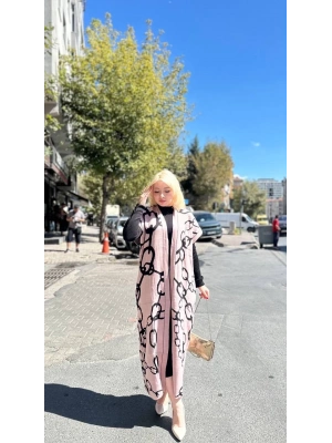 Siyah çizgi desenli elbiseli hırka takım pudra siyah