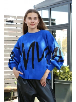 Siyah çizgili bisiklet yaka kazak Saks