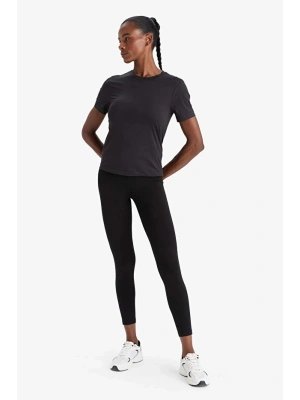 Siyah DeFactoFit Yüksek Bel Beli Saran Pamuklu Basic Düz Sporcu Tayt