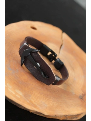 Siyah Deniz Çapalı Çelik Aksesuarlı Kahverengi Deri Erkek Bileklik
