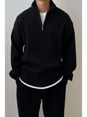 Siyah Erkek Oversize Fermuarlı Balıkçı Triko Kazak Siyah