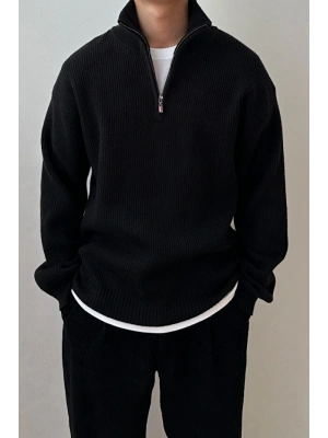 Siyah Erkek Oversize Fermuarlı Balıkçı Triko Kazak