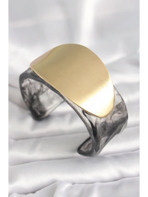 Siyah Mermer Desen Akrilik Plastik Gold Oval Plaka Model Vintage Kadın Bilezik