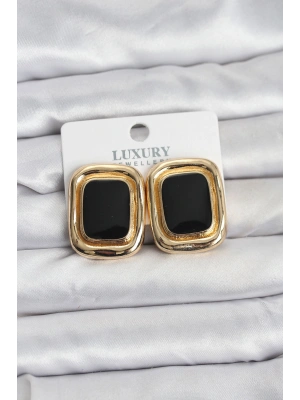 Siyah Mineli Kare Gold Renk Vintage Kadın Küpe