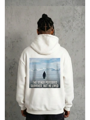 Siyah Oversize Hoodie - Sırt Baskılı Survivor Penguin Temalı, Felsefi Yazılı Kapüşonlu Sweatshirt - Beyaz