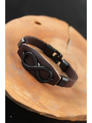 Siyah Sonsuzluklu Metal Aksesuarlı Kahverengi Deri Erkek Bileklik