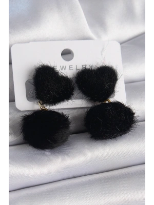 Siyah Tüylü Ponpon Model Kadın Küpe