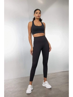 Siyah Yüksek Bel Beli Saran Toparlayıcı Esnek Premium Sporcu Tayt