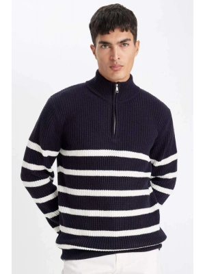 Standart Fit Dik Yaka Yarım Fermuarlı Çizgili Triko Kazak D3274AX24WN