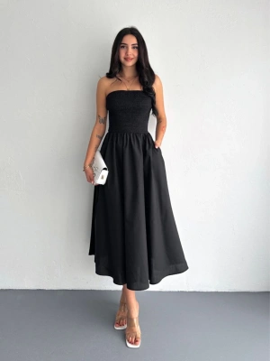 Straplez Pileli Elbise - Siyah