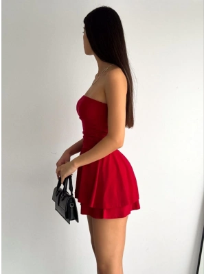 Straplez Sandy Kumaş Şortlu Prenses Etek Mini Kloş Elbise - Kırmızı