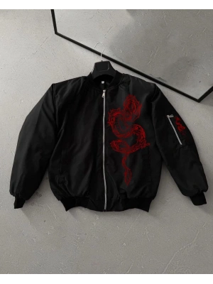 Erkek Unisex Siyah Bomber Mont – Kırmızı Ejderha Desenli, Fermuarlı Cepli, Kapitone Astarlı Günlük ve Sokak Modası Ceket - Siyah