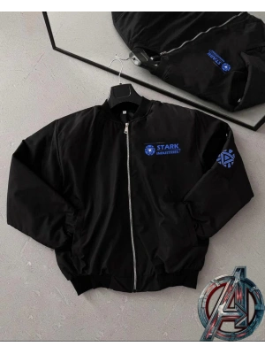 Stark Industries Siyah Bomber Mont – Fermuarlı, Cepli, Uzun Kollu, Kapitone Astarlı, Bahar ve Kış Mevsimi Rahat Unisex Ceket - Siyah