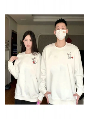 Tavşan Baskılı Sevgili Çift Kombini Kapüşonlu Sweatshirt & Hodie - Beyaz