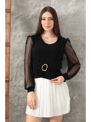 Tokalı tül kollu bluz siyah t4071