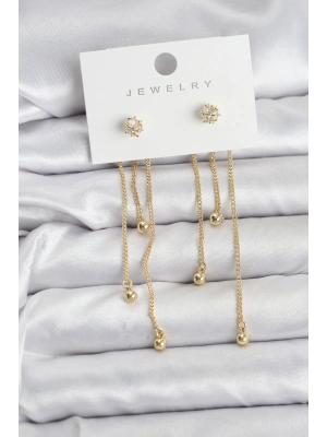 Topçuk Model Gold Renk Pirinç Sallantılı Kadın Küpe Seti