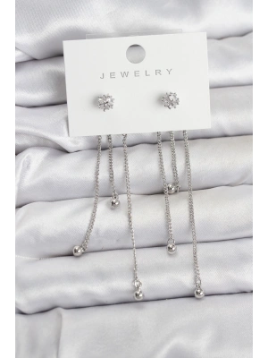 Topçuk Model Gümüş Renk Pirinç Sallantılı Kadın Küpe Seti