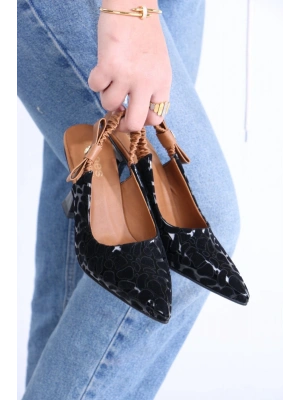 Toran Siyah Rugan Siyah Süet Detaylı Topuklu Ayakkabı