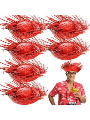 Tropikal Parti Kırmızı Hasır Hawaii Şapkası 13x36 cm